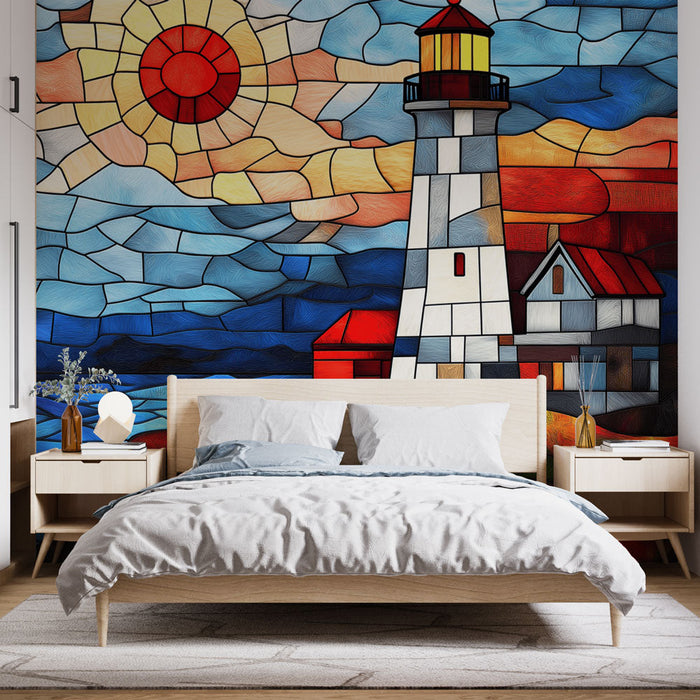 Ταπετσαρία φάρου | Σχέδιο βιτρό ενός φάρου κάτω από έναν λαμπερό ήλιο