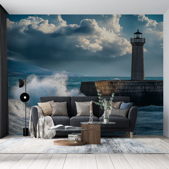 Ταπετσαρία φάρου στη θάλασσα | Θυελλώδη κύματα και δραματικός ουρανός
