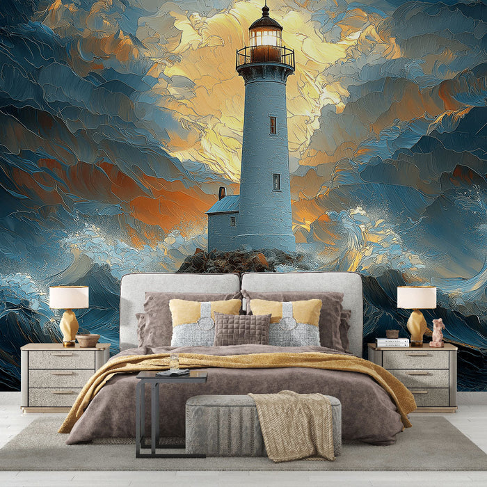 Carta da parati faro e oceano | Faro illuminato con onde tumultuose sullo sfondo