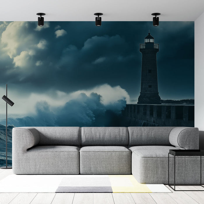 Fener ve Okyanus Manzaralı Fotoğraf Duvar Kağıdı | Güçlü dalgalarla yüzleşen bir fener manzarası