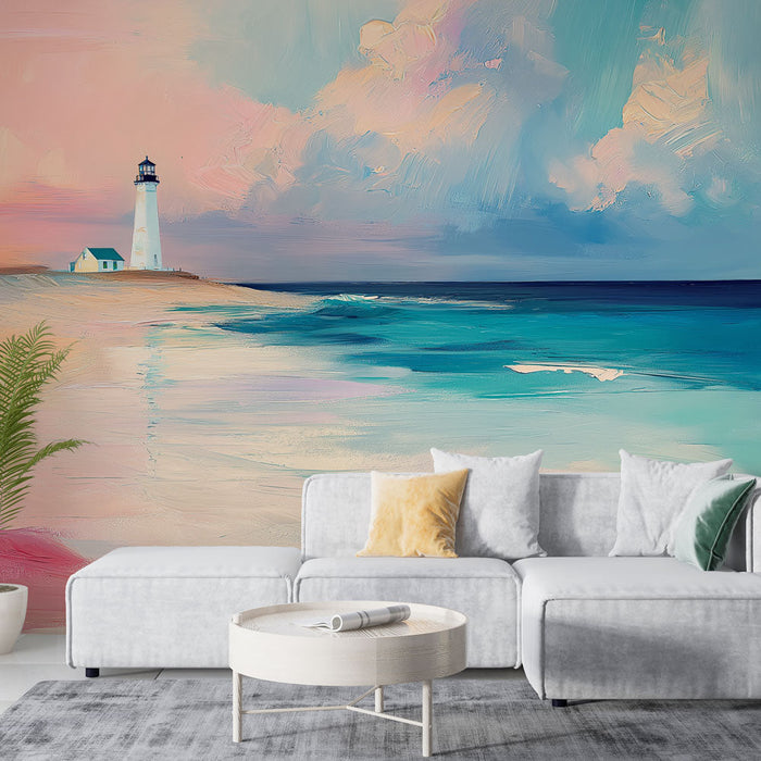Tapete φανάρι και παραλία | Ένας καταπραϋντικός παράκτιος τοπίο με ένα λευκό φάρο κάτω από ένα παστέλ χρωματισμένο ουρανό