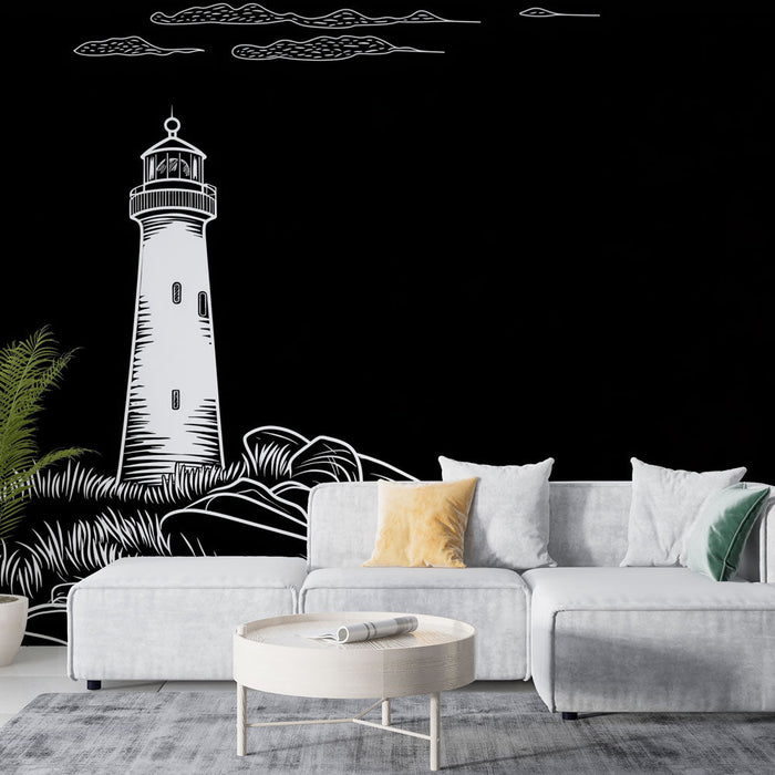 Ταπετσαρία φάρου | Μονόχρωμη εικονογράφηση ενός φάρου σε μαύρο φόντο