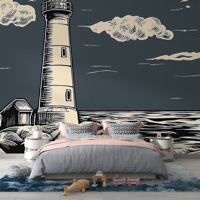 Papel pintado faro | Ilustración vintage de un faro con vistas al mar