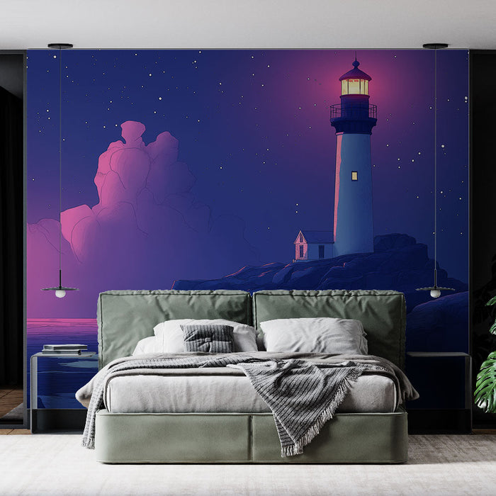 Papel de parede farol | Farol em um penhasco sob um céu estrelado