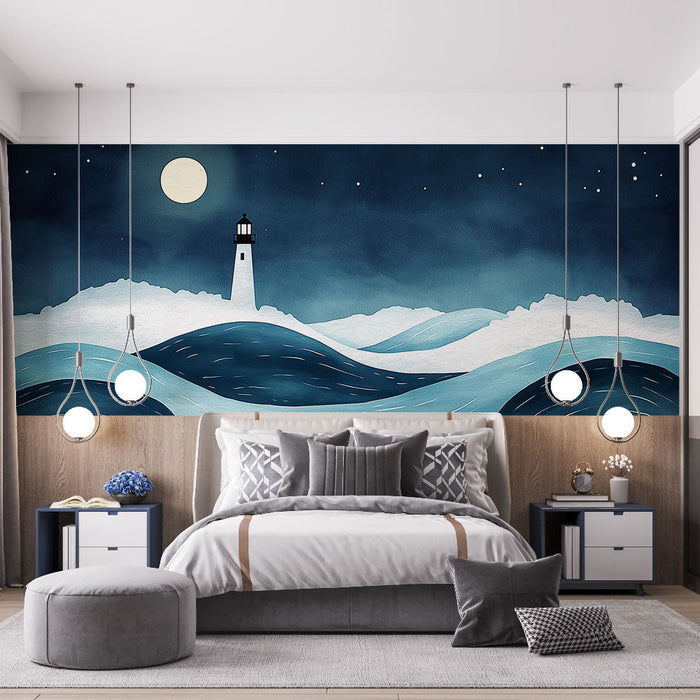 Ταπετσαρία φάρου | Νυχτερινό τοπίο με φάρο και στυλιζαρισμένα κύματα