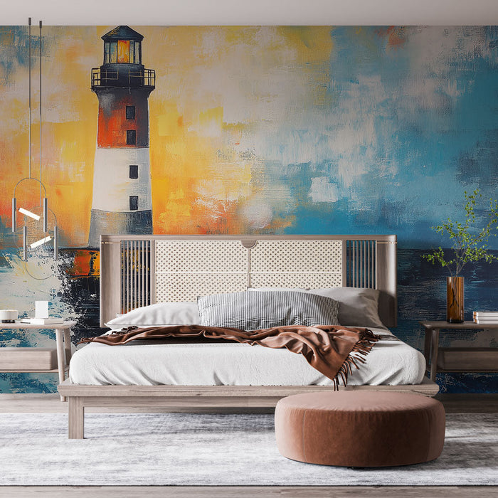 Papel de parede de mural farol-marinho | Farol icônico em fundo oceânico vibrante