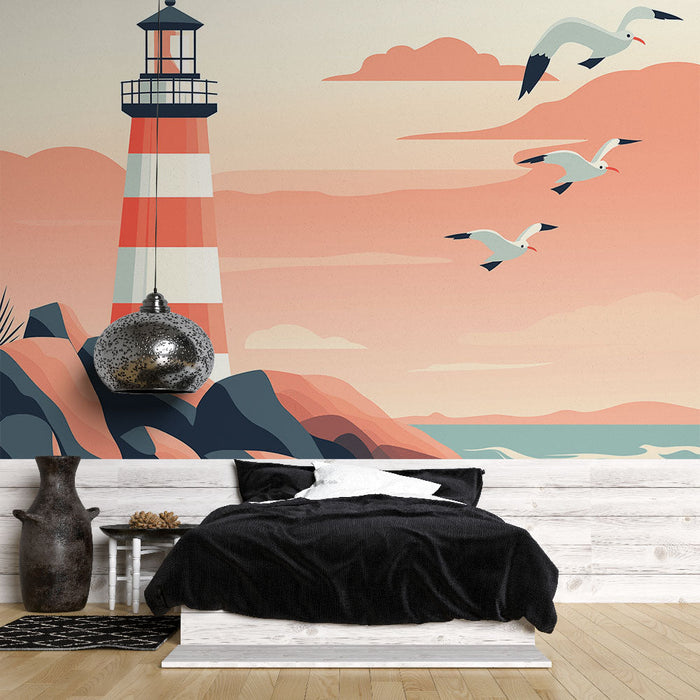Papel de parede marinho-farol | Farol icônico em fundo pastel à beira-mar