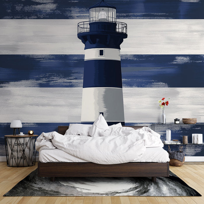 Papel de parede farol-marinho | Um farol estilizado em um fundo listrado azul e branco