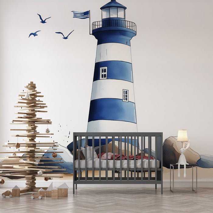 Фототапет фар | Синьо-бял фар, заобиколен от скали