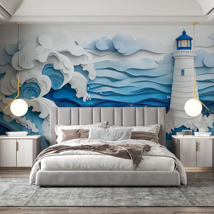 Papel pintado faro | Olas en papel recortado y faro azul