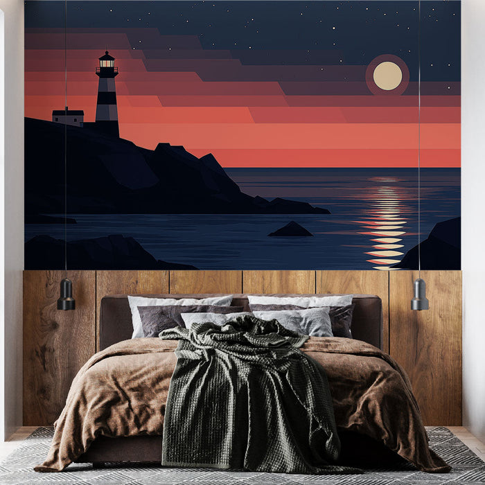 Ταπετσαρία τοίχου nocturnal-lighthouse | Λάμψη του φάρου κάτω από το φεγγάρι σε ένα μινιμαλιστικό τοπίο