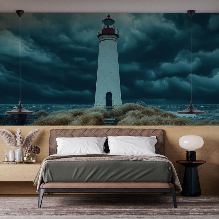 Carta da parati faro | Faro bianco sull'oceano sotto un cielo drammatico