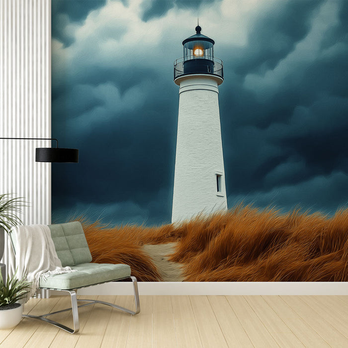 Ταπετσαρία φάρου | Λευκός φάρος φωτισμένος κάτω από συννεφιασμένο ουρανό