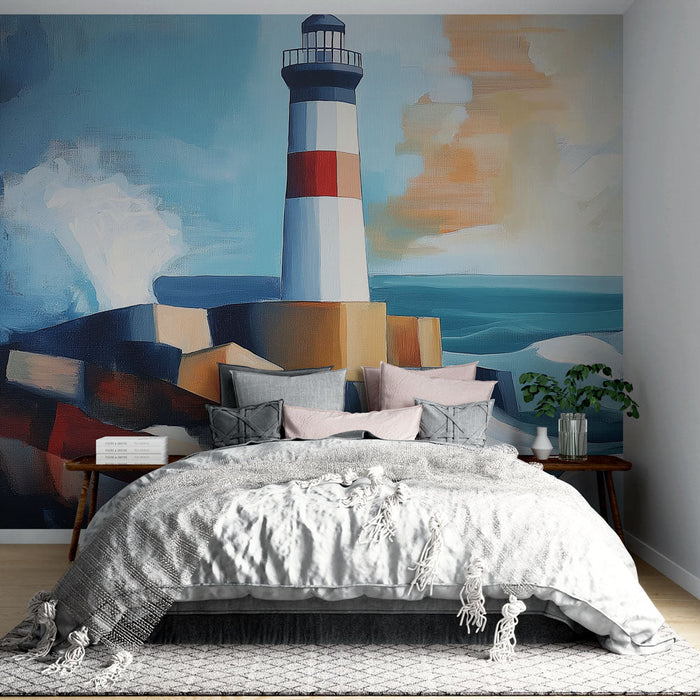 Ταπετσαρία φάρος | Πολύχρωμος φάρος με θέα τα ταραγμένα κύματα