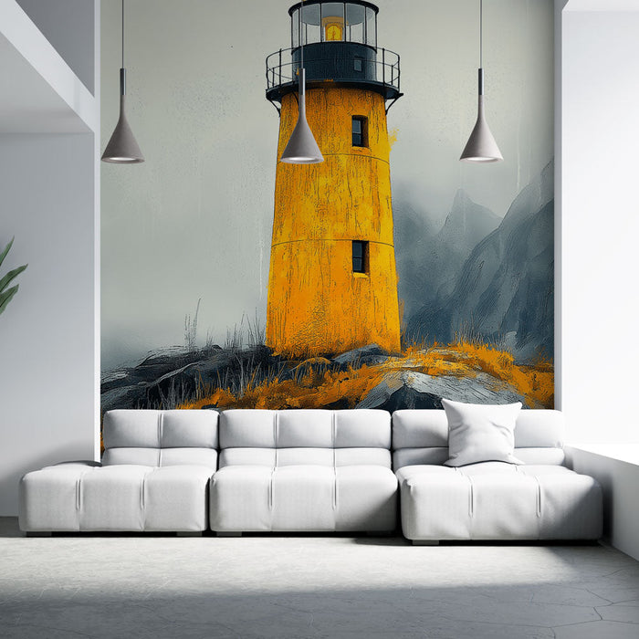 Ταπετσαρία φάρος | Κίτρινος φάρος σε φόντο με ομιχλώδες τοπίο