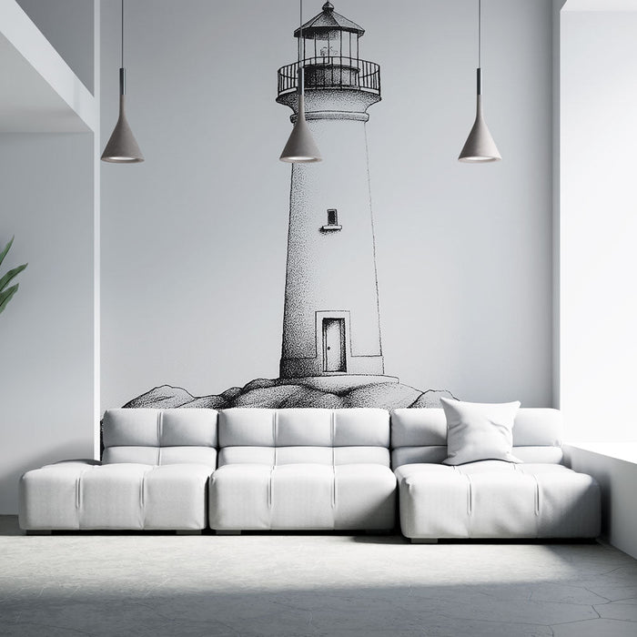 Maalitud tapeet tuletorn | Minimalistlik tuletorn kaljul mustvalges joonistuses