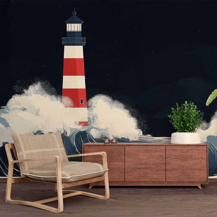 Ταπετσαρία Φάρου | Κόκκινος και άσπρος φάρος περιτριγυρισμένος από ταραγμένα κύματα