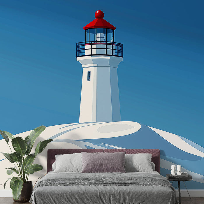 Tapete Leuchtturm | Stilisiertes rotes Leuchtturm auf ozeanblauem Hintergrund