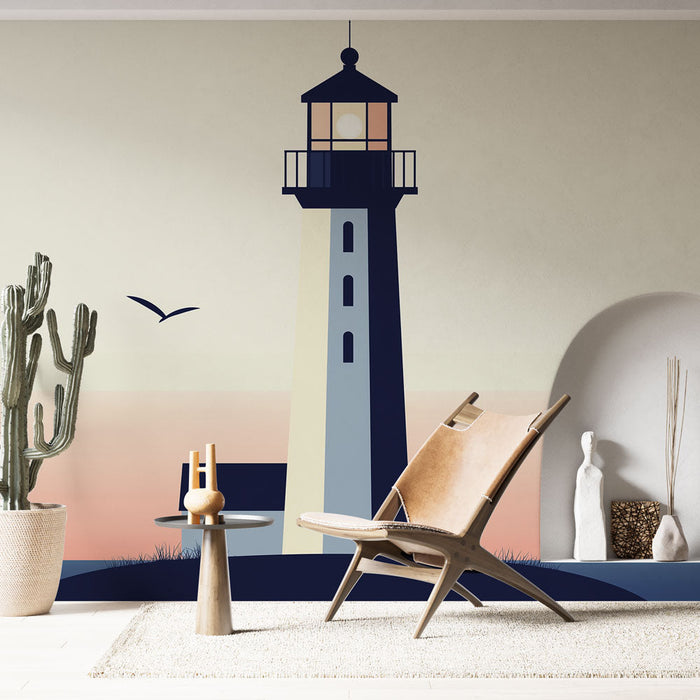 Ταπετσαρία φάρος | Στυλιζαρισμένος φάρος δίπλα στη θάλασσα με παστέλ ουρανό