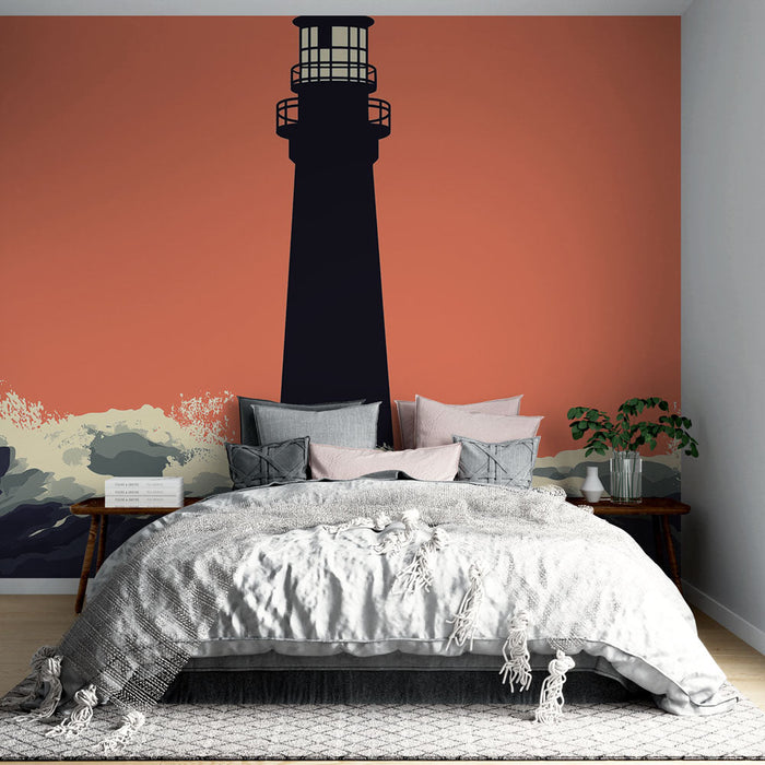 Carta da parati Faro | Faro su uno sfondo di onde impetuose al tramonto