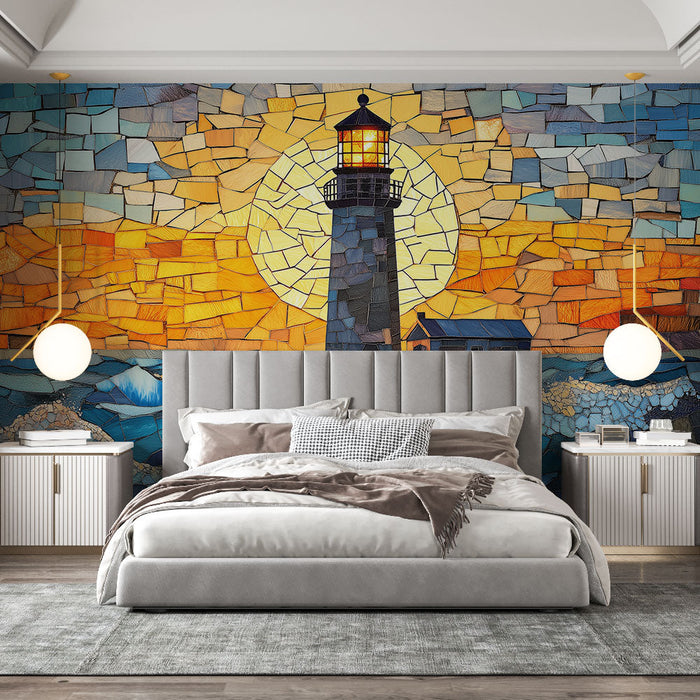 Ταπετσαρία φάρου | Βιτρό εμπνευσμένο από φάρο στο ηλιοβασίλεμα