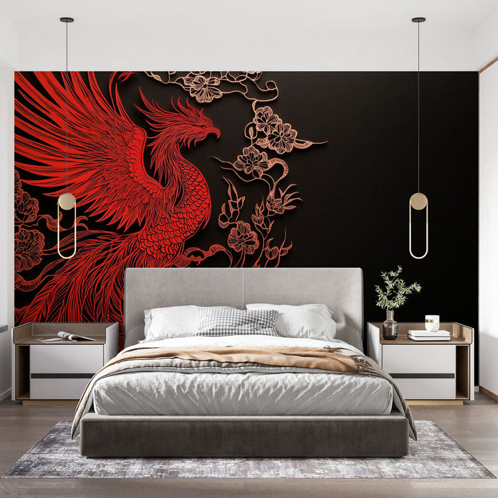 Mural Wallpaper phoenix | Elegant red phoenix surrounded by flowers on a black background