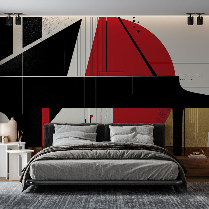 Mural Wallpaper abstrakt piano | Moderne geometrisk mønster i svart, rødt og gull