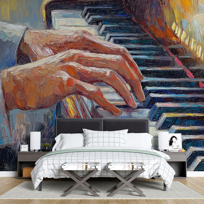 Mural Wallpaper piano | Hands on a piano with a vibrant artistic style