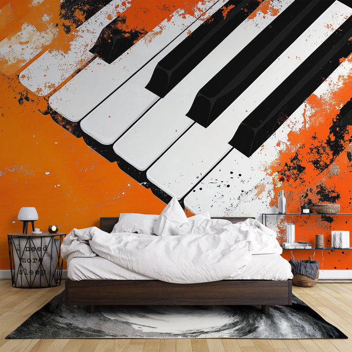 Tapeta fortepian | Artystyczny wzór klawiszy fortepianu na pomarańczowym tle