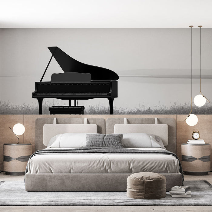 Mural Wallpaper black piano | Grand piano in silhouette by the water