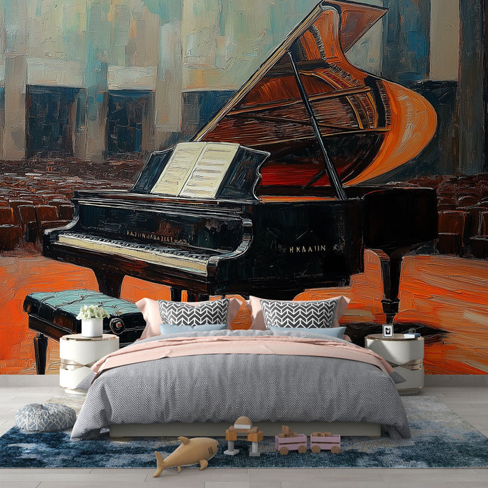 Fototapet klaver | Et sort flygel på en elegant koncertscene