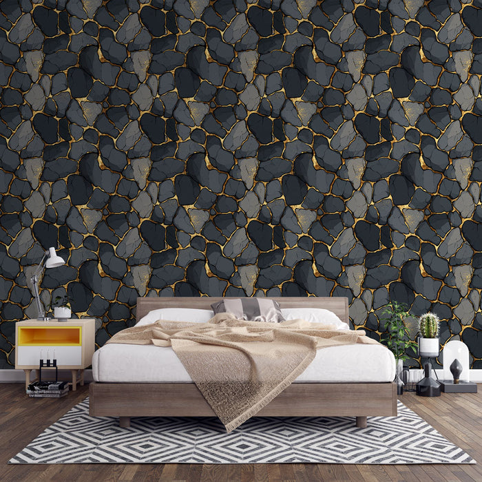 Fototapet kamen | Vzorec črnih in sivih kamnov z zlatimi žilami