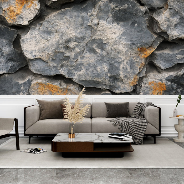 Papel de parede de pedra | Padrão de rochas cinzas com toques de laranja