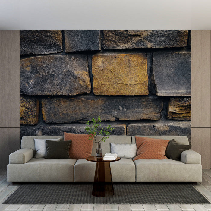 Tapete Stein | Strukturierte Steinwand in Grautönen und Gold