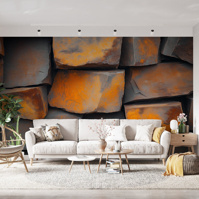 Papel de parede de pedra | Parede de pedra com tons de laranja e cinza