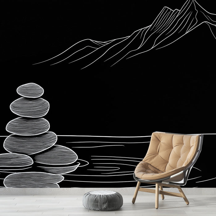 Fototapet stablet steiner | Minimalistiske zen-elementer på en svart bakgrunn