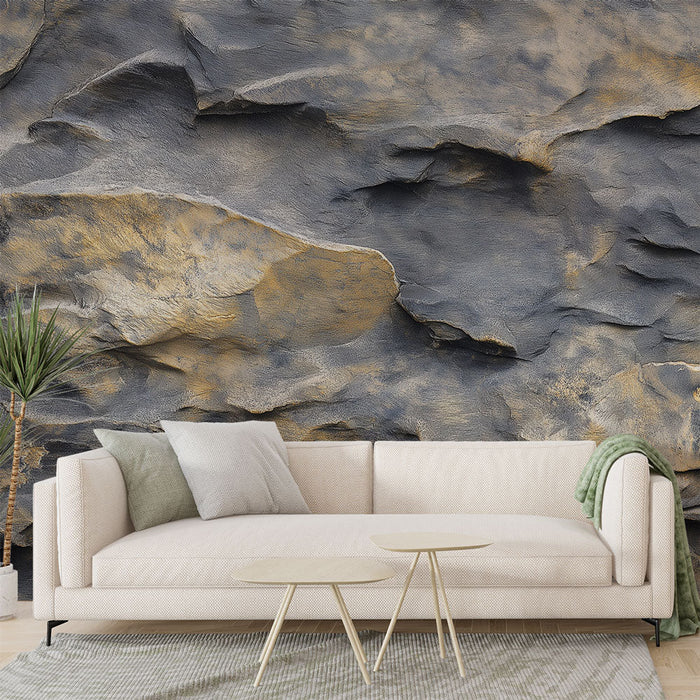 Fototapet naturlige sten | Tekstureret klippemønster i nuancer af grå og guld