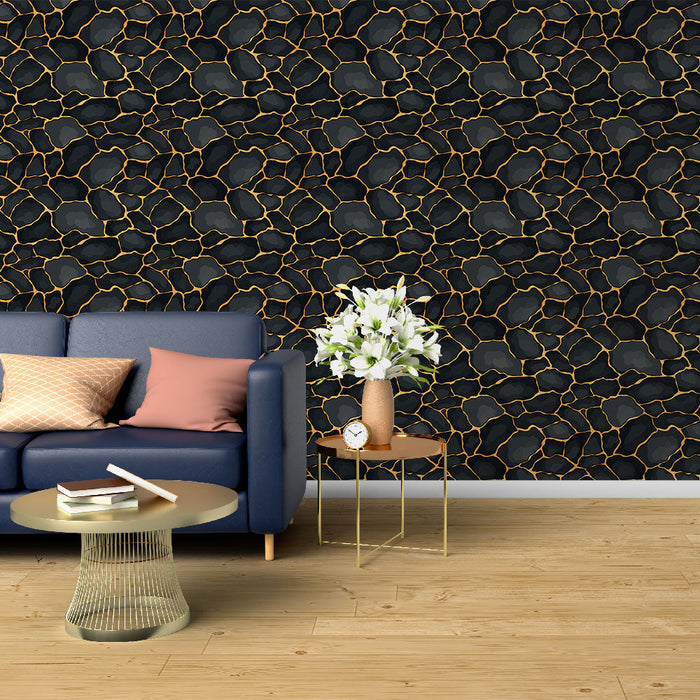 Carta da parati nera e pietre d'oro | Motivo elegante di ciottoli con accenti dorati