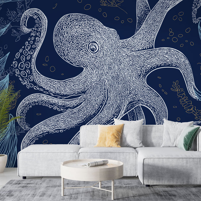 Tapeta hobotnica | Elegatna ilustracija hobotnice okružena morskim lišćem