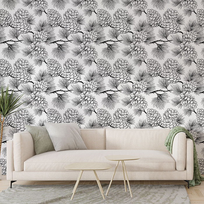 Fototapet bor i čunjevi | Monokromni uzorak borovih čunjeva i nježnih iglica