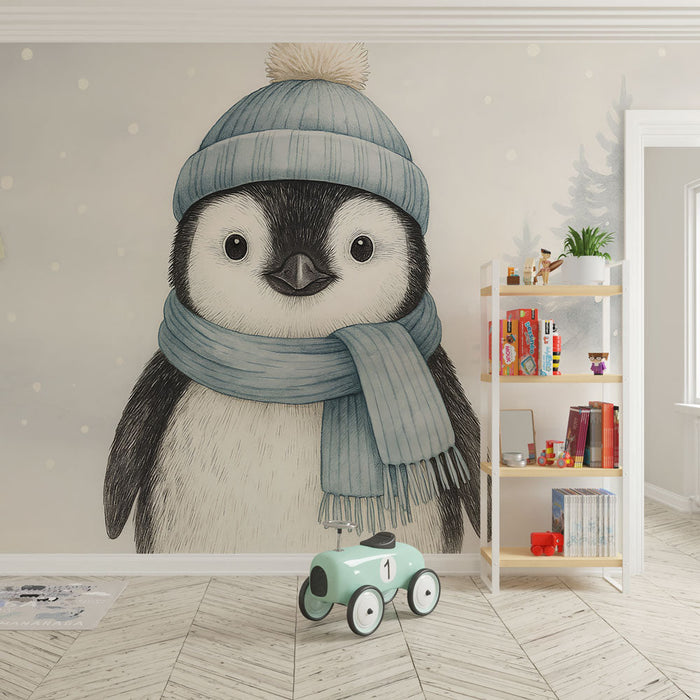 Carta da parati pinguino | Adorabile pinguino con un cappello blu e una sciarpa sotto la neve