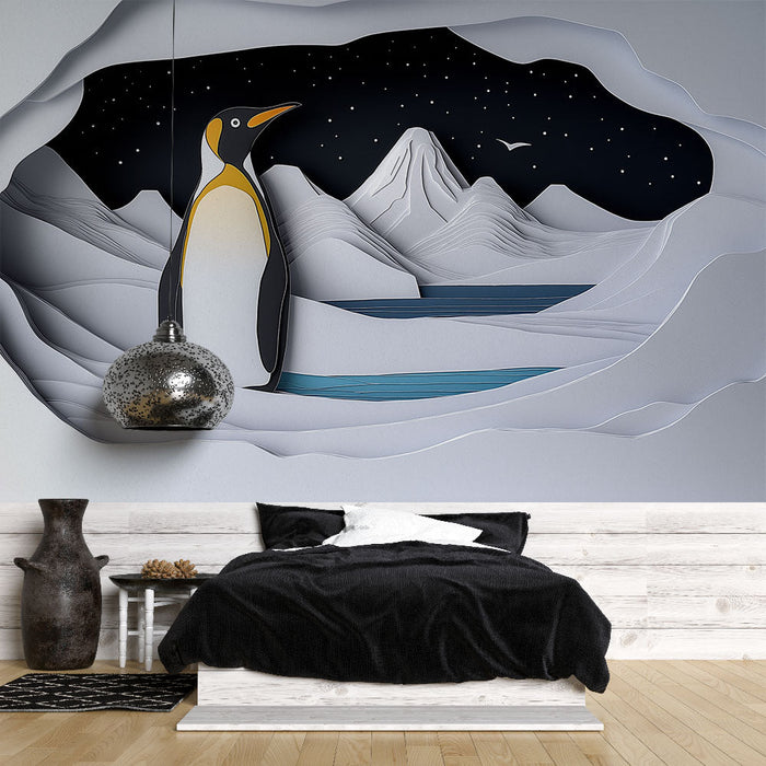 Ταπετσαρία τοιχογραφίας πιγκουίνος | Χειμωνιάτικο σκηνικό με έναν πιγκουίνο σε χιονισμένο ορεινό τοπίο