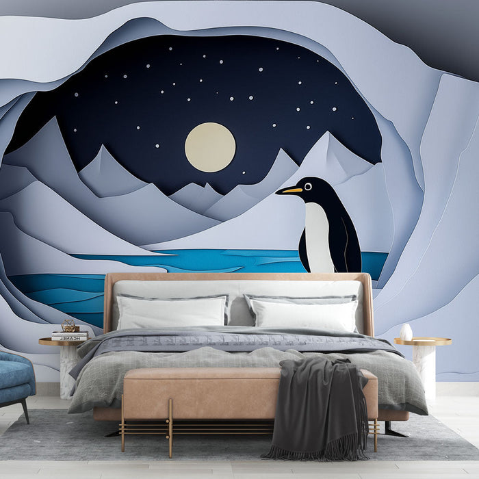 <translation>Стенопис тапет пингвин | Полярна сцена с пингвин на фона на заснежени планини</translation>