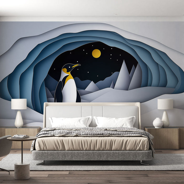 Carta da parati pinguino | Un paesaggio invernale stilizzato con un maestoso pinguino