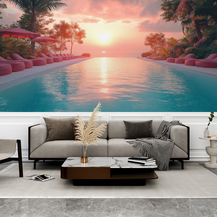 Wallpaper for swimming pool at sunset | Tropical atmosphere with deck chairs and palm trees