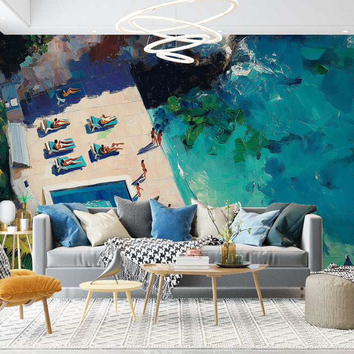 Tapet cu murală la piscină în aer liber | Scenă vibrantă și relaxantă a unei piscine însorite