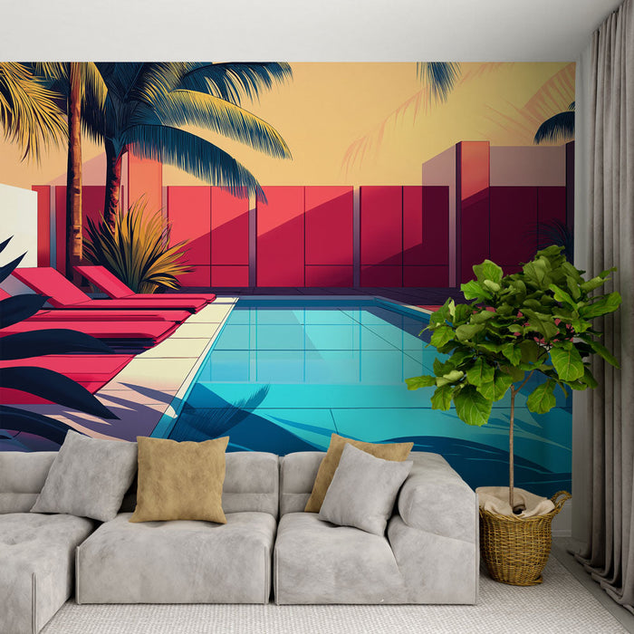 Fototapet moderne basseng | Sommerstemning med solsenger og palmer