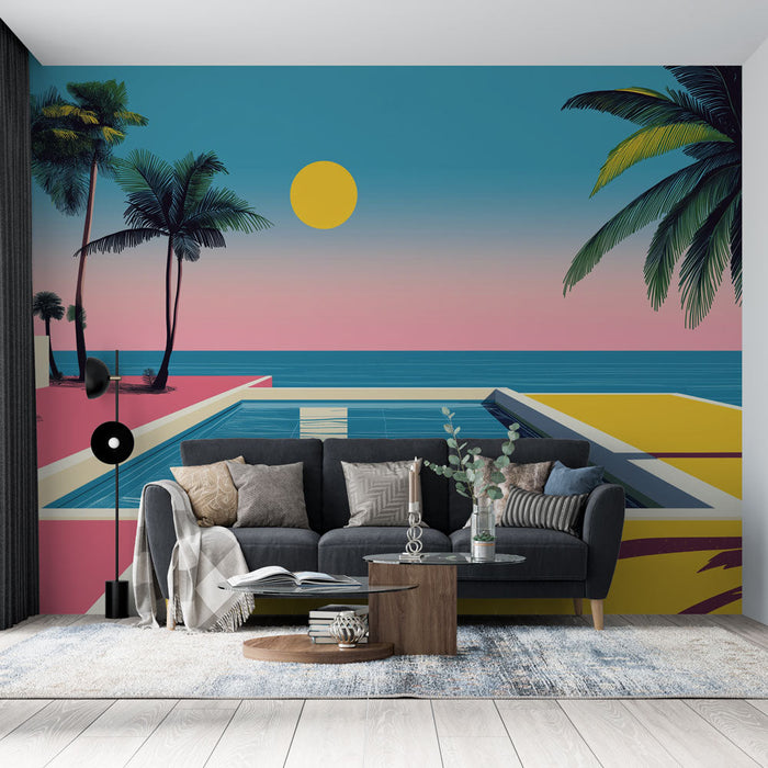 Fototapet basseng retro | Solfylt scene med palmer og basseng