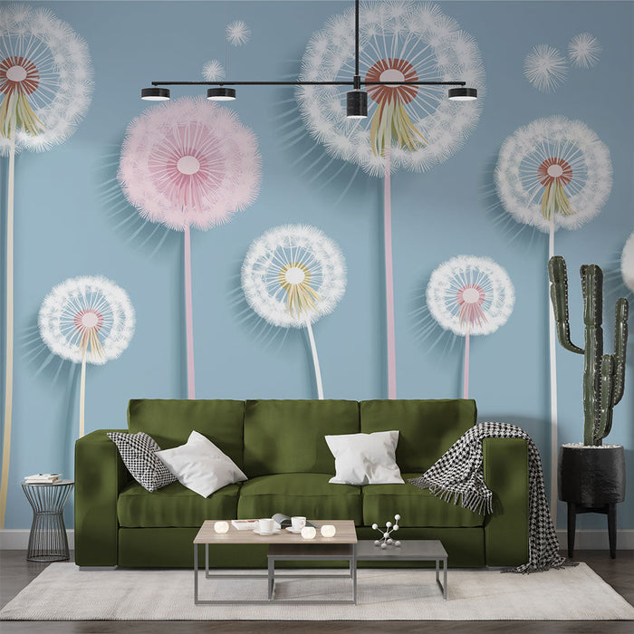 Mural Wallpaper dandelion | Bouquets of pastel dandelions on blue background