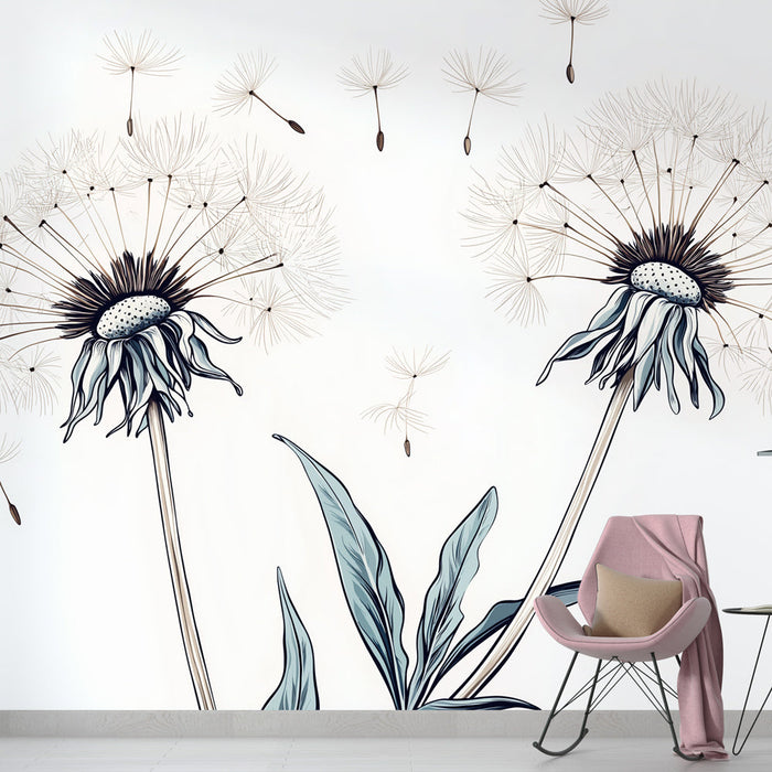 Mural Wallpaper dandelion | Õrn õitsevate võilillede ja õhus levivate seemnete mustriline tapeet